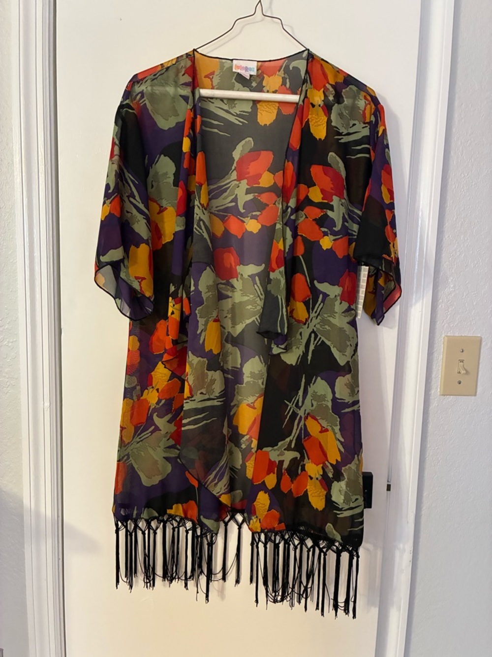 LuLaRoe Navy Floral Fringe Kimono with Orange, Red & Olive-colored floral design